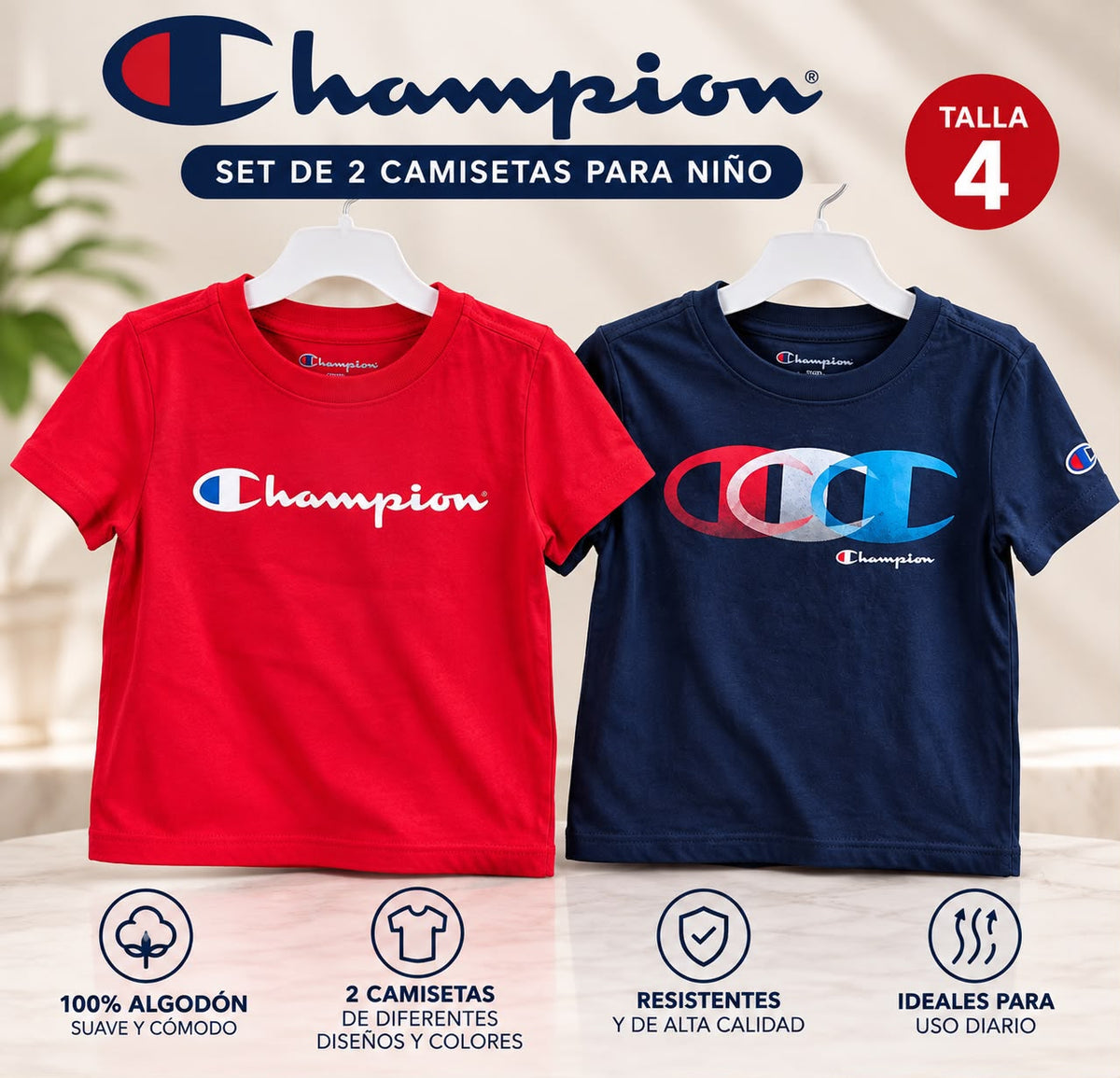 Dúo de camisetas Champion azul y roja para niño talla 4